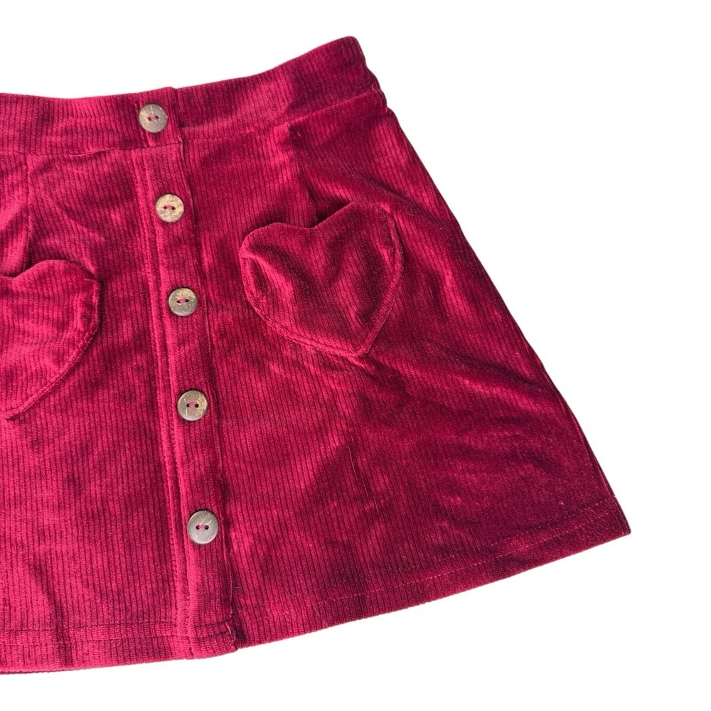 Shosho Girls Corduroy Skirt Size 6/6X Burgundy Red Heart Pockets Button Front - Picture 3 of 6